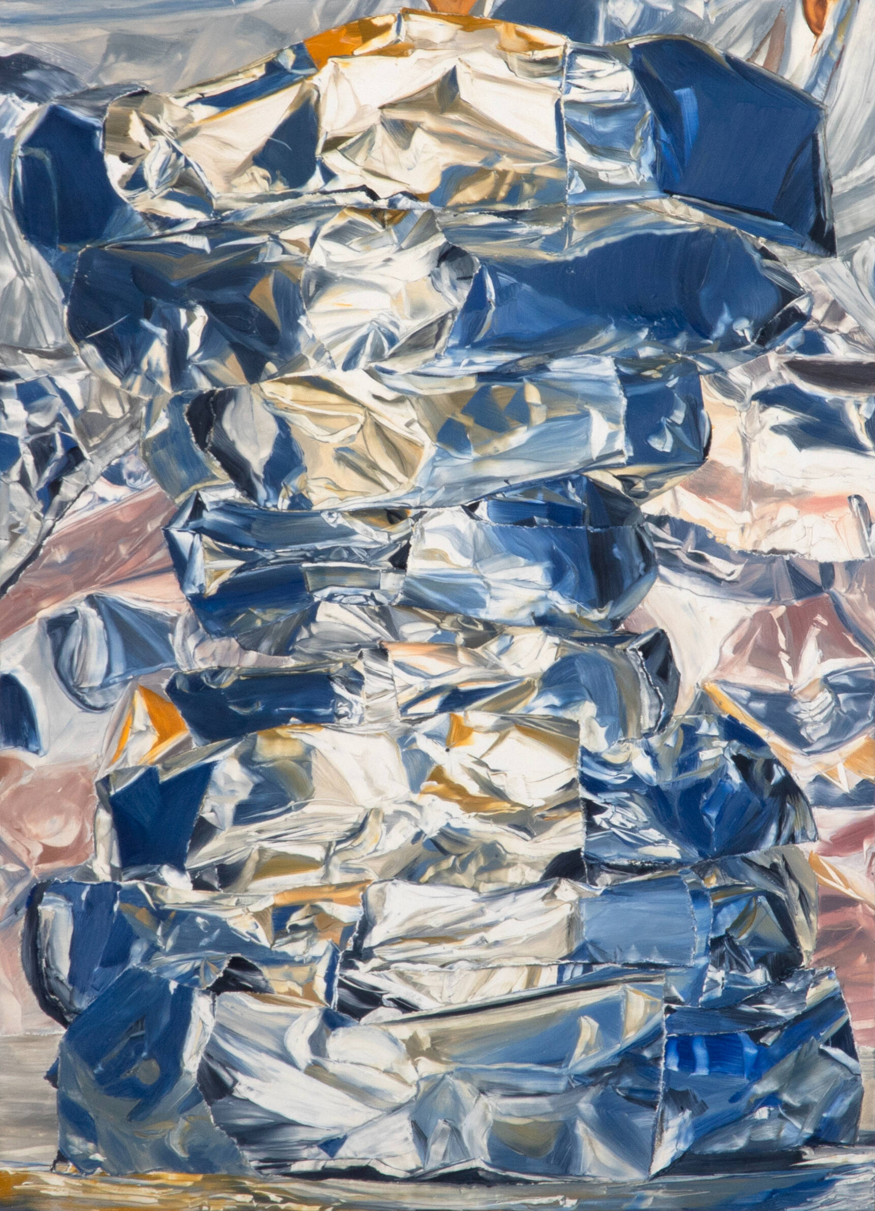 Abstract oil painting that has the texture of crumpled aluminum foil reflecting oclors of blue, white and yellow.